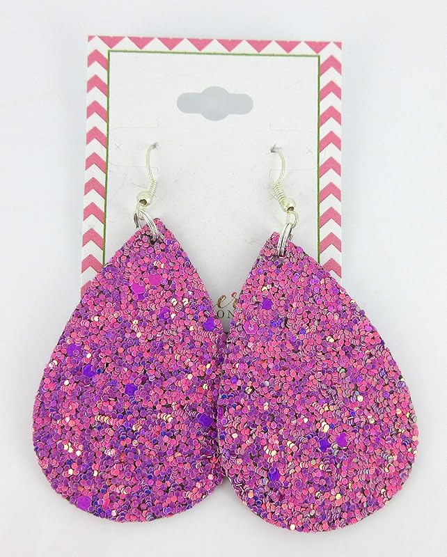 Summerfield Collection Silver-tone Glitter Faux Leather Large Teardrop Dangle Earrings (Magenta)