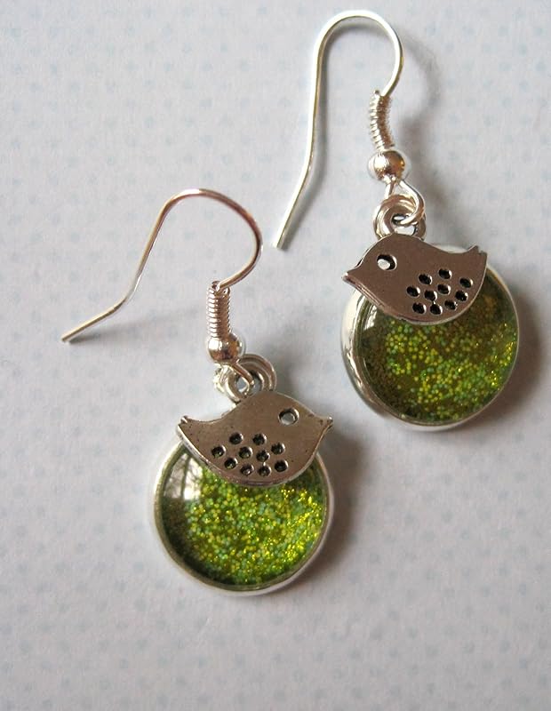 Summerfield Collection Silver-tone Yellow Green Glitter Glass Bird Charm Dangle Earrings Hand-painted