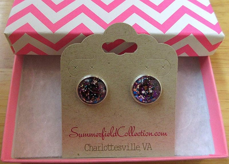 Summerfield Collection Silver-tone Purple and Multi Color Glitter Glass Stud Earrings Hand-painted 12mm