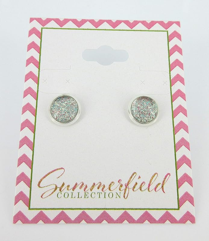 Summerfield Collection Silver-tone Aqua Blue and Red and Holographic Glitter Glass Stud Earrings Hand-painted 8mm