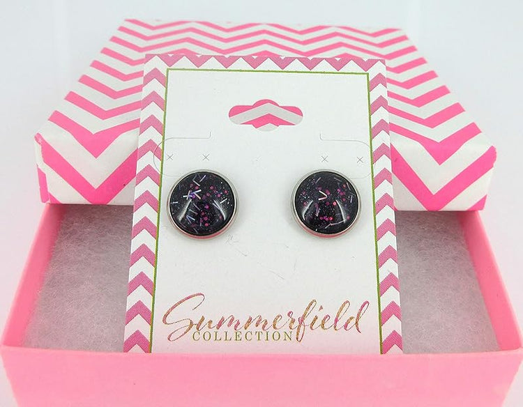 Summerfield Collection Stainless Steel Navy Blue and Pink Glitter Glass Stud Earrings Hand-painted 12mm
