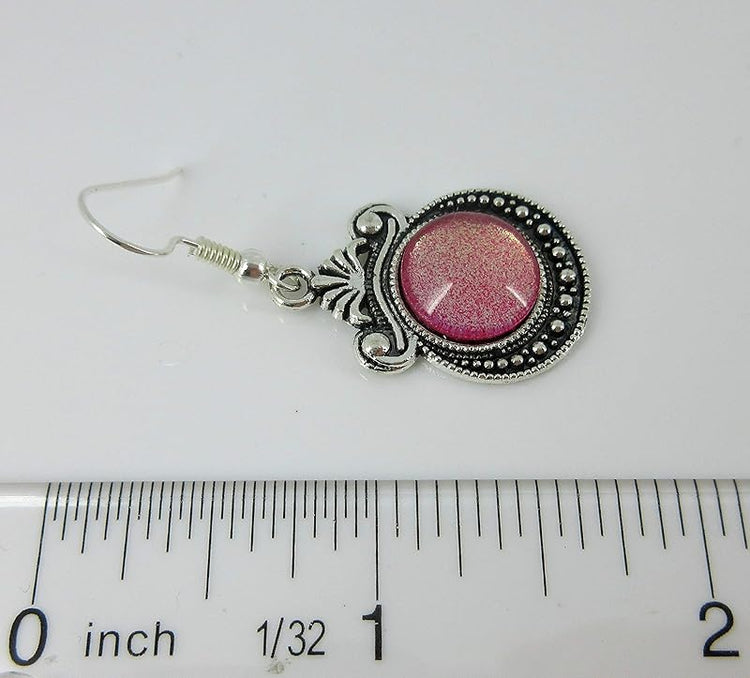 Summerfield Collection Antiqued Silver-tone Pink Shimmer Glitter Glass Dangle Earrings Hand-painted