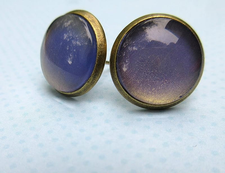 Summerfield Collection Antiqued Gold-tone Metallic Purple Color Shifting Glass Stud Earrings Hand-painted 12mm
