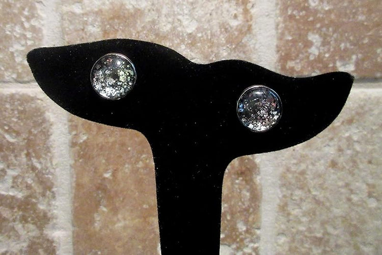 Summerfield Collection Stainless Steel Silver and Black Glitter Glass Stud Earrings Hand-painted 12mm
