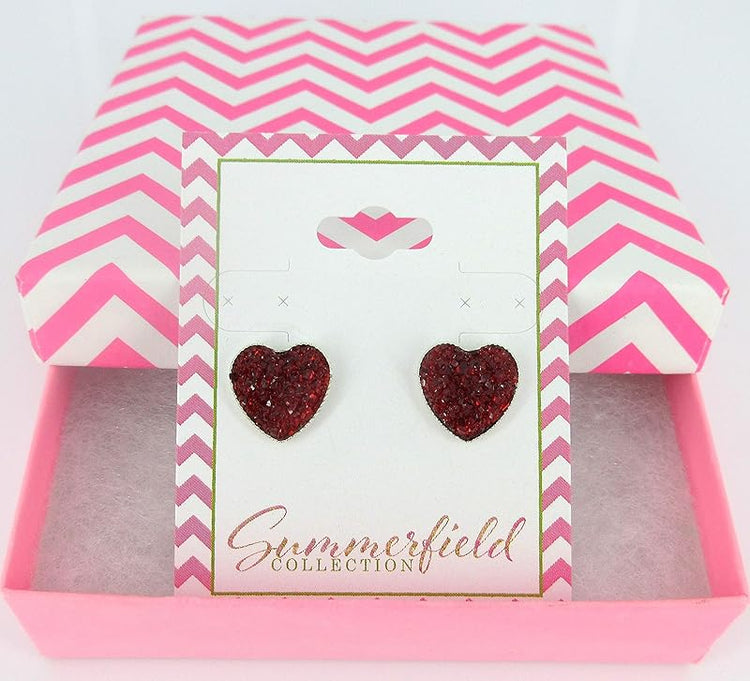 Summerfield Collection Silver-tone Heart Faux Druzy Stone Stud Earrings 12mm (Deep Red)