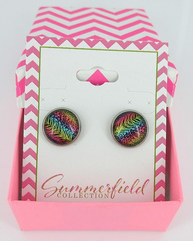 Summerfield Collection Stainless Steel Rainbow Tiger Animal Print Glass Stud Earrings 12mm