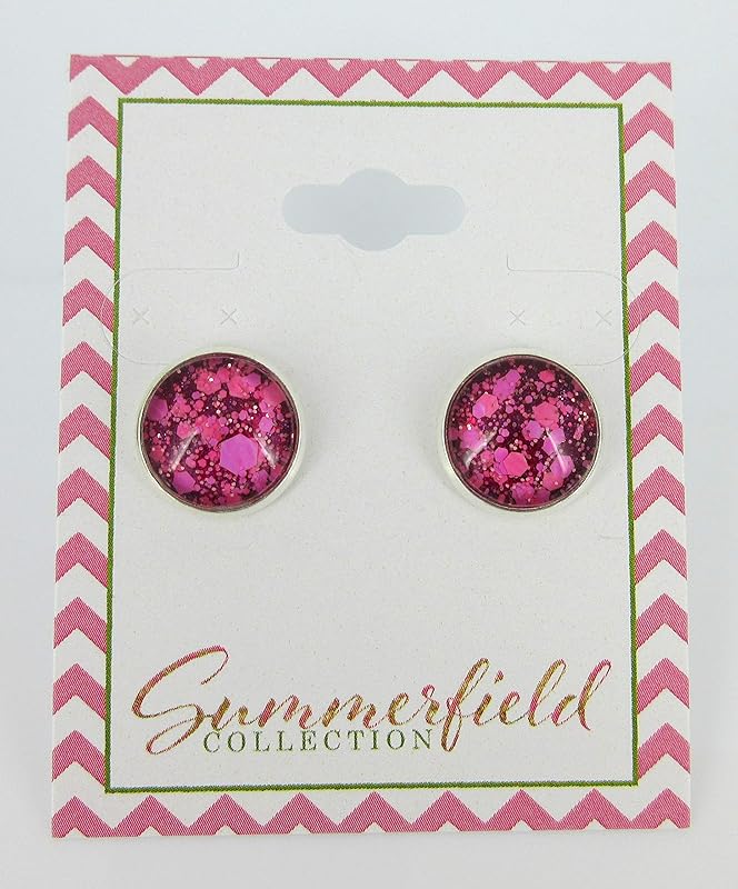Summerfield Collection Silver-tone Raspberry and Hot Pink Glitter Glass Stud Earrings Hand-painted 12mm