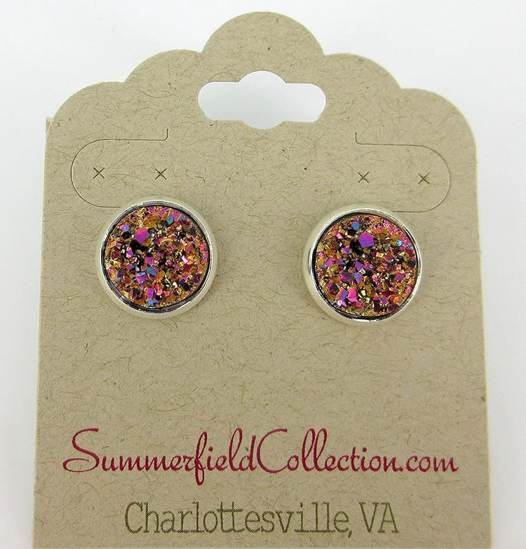 Summerfield Collection Silver-tone Metallic Faux Druzy Stone Stud Earrings 12mm (Gold/Pink)