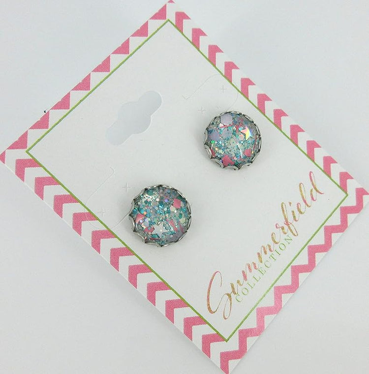 Summerfield Collection Stainless Steel Pearly Silver Lilac Purple Aqua Blue and Pink Glitter Glass Stud Earrings Hand-painted 12mm