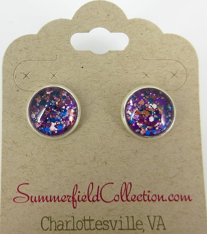 Summerfield Collection Silver-tone Purple and Multi Color Glitter Glass Stud Earrings Hand-painted 12mm