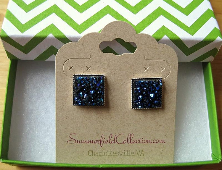 Summerfield Collection Silver-tone Metallic Geometric Square Shaped Chunky Faux Druzy Stud Earrings 12mm Statement (Blue)