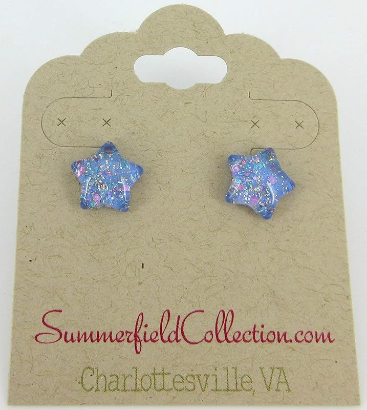 Summerfield Collection Periwinkle Purple Blue Star Glitter Glass Stud Earrings 10mm Hand-painted