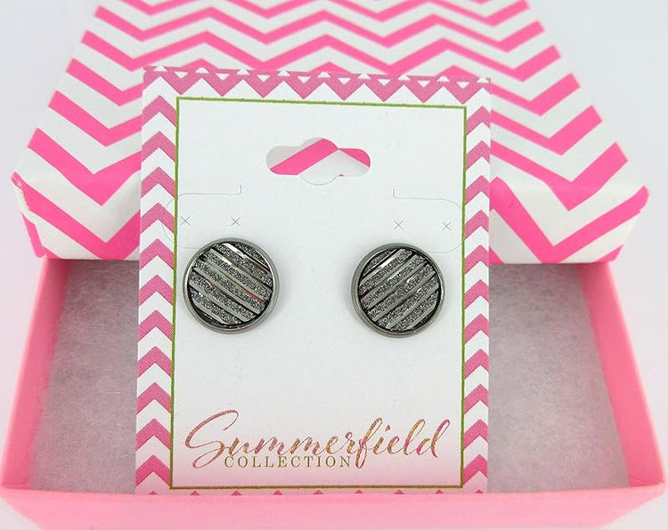 Summerfield Collection Hematite-tone Gunmetal Gray Frosted Metallic Stripe Stud Earrings 12mm