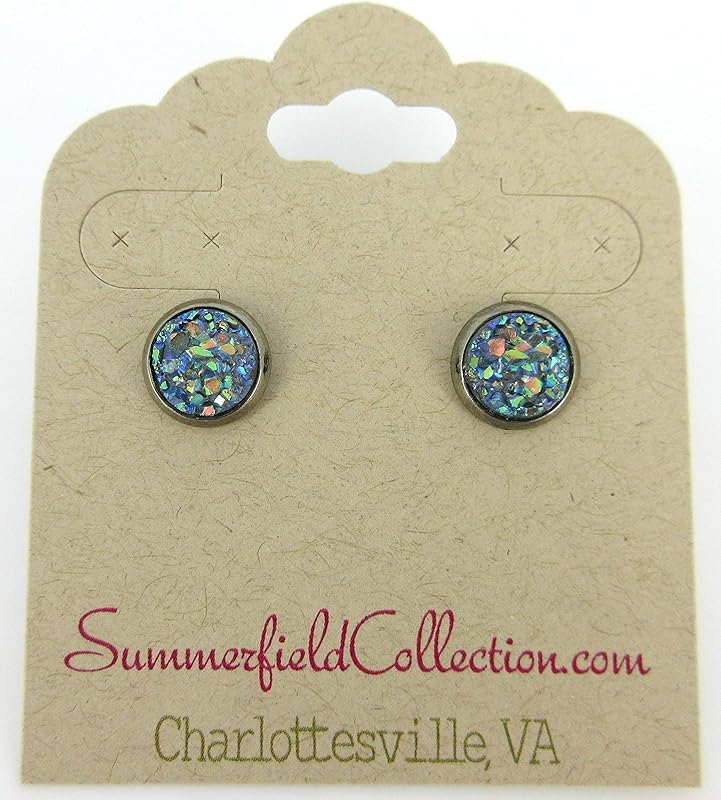 Summerfield Collection Hematite-tone Faux Druzy Stone Stud Earrings 8mm (Gray Blue AB)