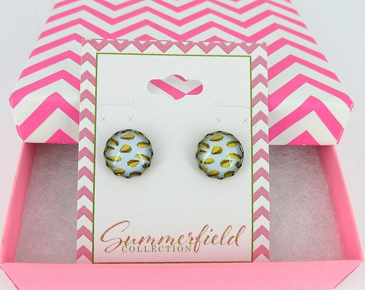 Summerfield Collection Antiqued Gold-tone Taco Print Glass Stud Earrings 12mm
