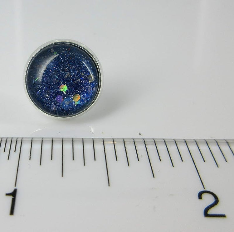 Summerfield Collection Trio Silver-tone Stud Earrings Blue Yellow and Black Confetti Glitter Glass Set 12mm Hand-painted