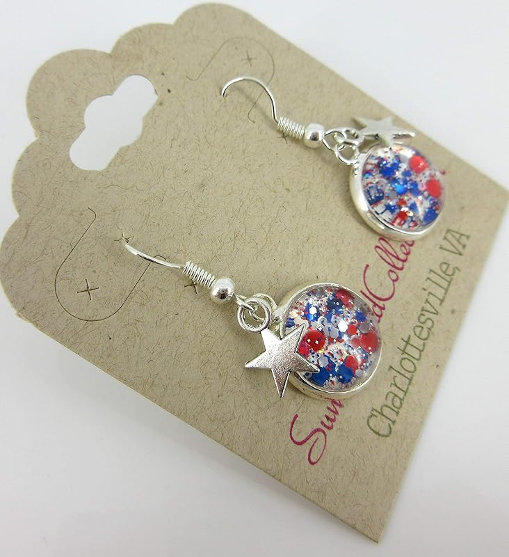 Summerfield Collection Silver-tone Patriotic Glitter Glass Star Charm Dangle Earrings Hand-painted