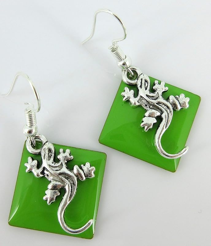 Summerfield Collection Silver-tone Green Enamel Gecko Lizard Charm Dangle Earrings
