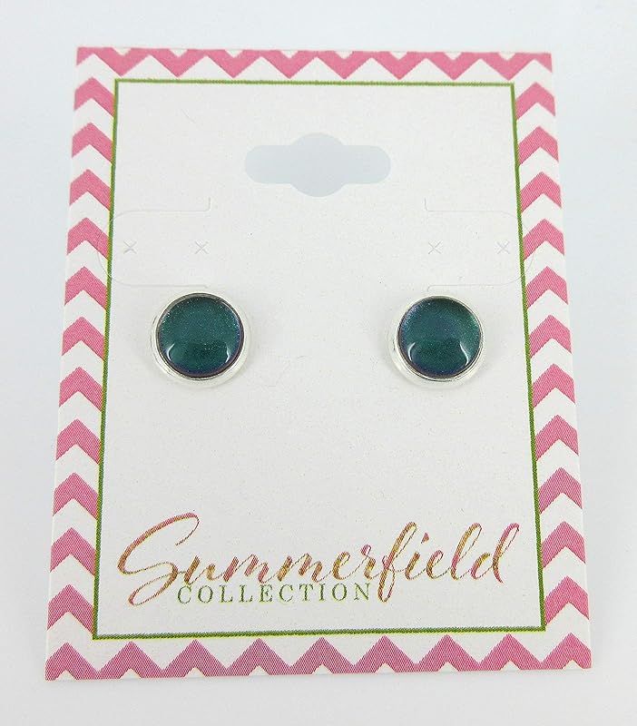 Summerfield Collection Silver-tone Dark Green Blue Color Shift Glitter Glass Stud Earrings Hand-painted 8mm