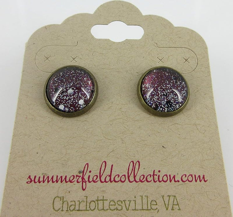 Summerfield Collection Antiqued Gold-tone Black Hole Glitter Glass Galaxy Stud Earrings Hand-painted 12mm