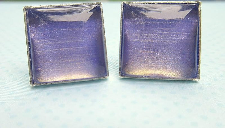 Summerfield Collection Silver-tone Metallic Purple Color Shifting Glass Stud Earrings Hand-painted Square 12mm