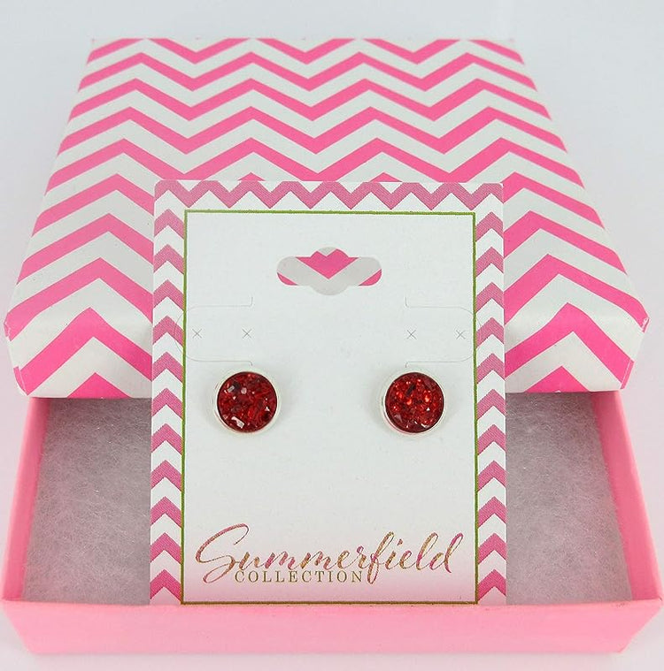 Summerfield Collection Silver-tone Faux Druzy Stone Stud Earrings 8mm (Red)