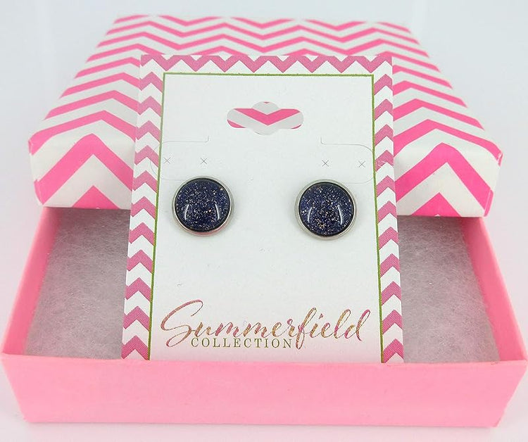 Summerfield Collection Stainless Steel Dark Purple and Gold Glitter Glass Stud Earrings Hand-painted 10mm