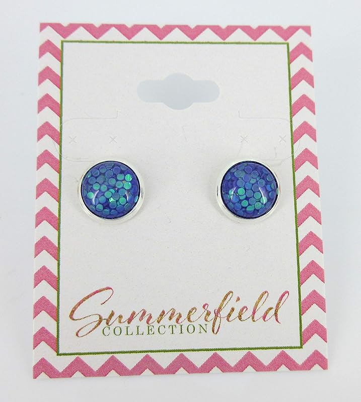 Summerfield Collection Shiny Silver-tone Iridescent Glitter Resin Stud Earrings 10mm (Purple)