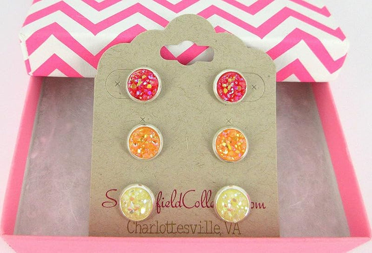Summerfield Collection Trio Silver-tone Stud Earrings 8mm Faux Druzy Stone Set (Sunset Red/Orange/Yellow)