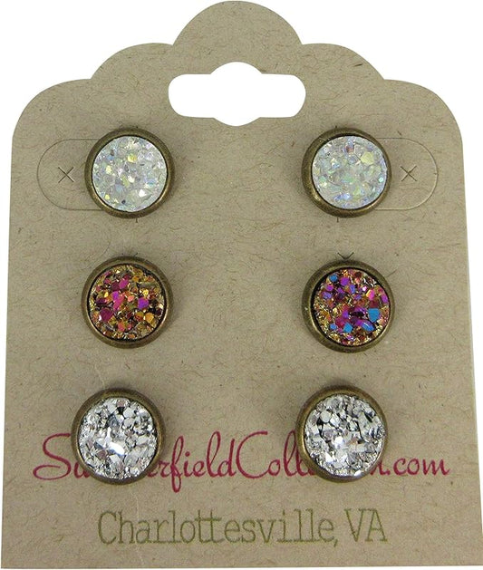 Summerfield Collection Trio Antiqued Gold-tone Stud Earrings 8mm Faux Druzy Stone Set (Clear AB/Silver/Gold Pink)