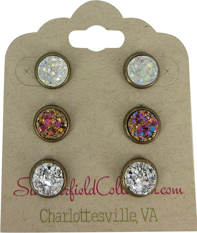 Summerfield Collection Trio Antiqued Gold-tone Stud Earrings 8mm Faux Druzy Stone Set (Clear AB/Silver/Gold Pink)