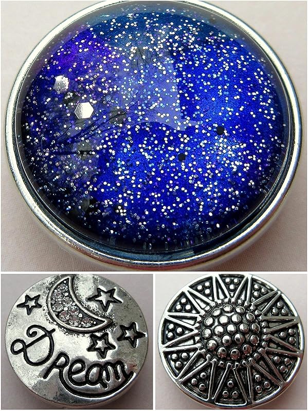 Summerfield CollectionInterchangeable Snap Bracelet 3 Charm Set Blue Galaxy Glitter Glass Black Clear Crackle Stretch