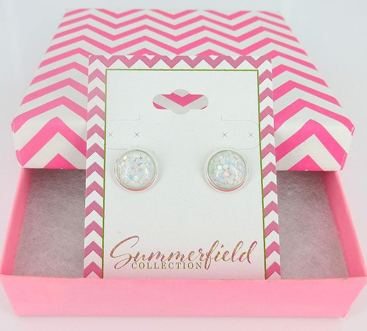 Summerfield Collection Shiny Silver-tone White Iridescent Glitter Resin Stud Earrings 10mm