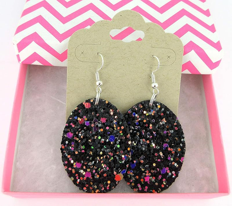 Summerfield Collection Silver-tone Glitter Faux Leather Oval Dangle Earrings (Black and Rainbow)