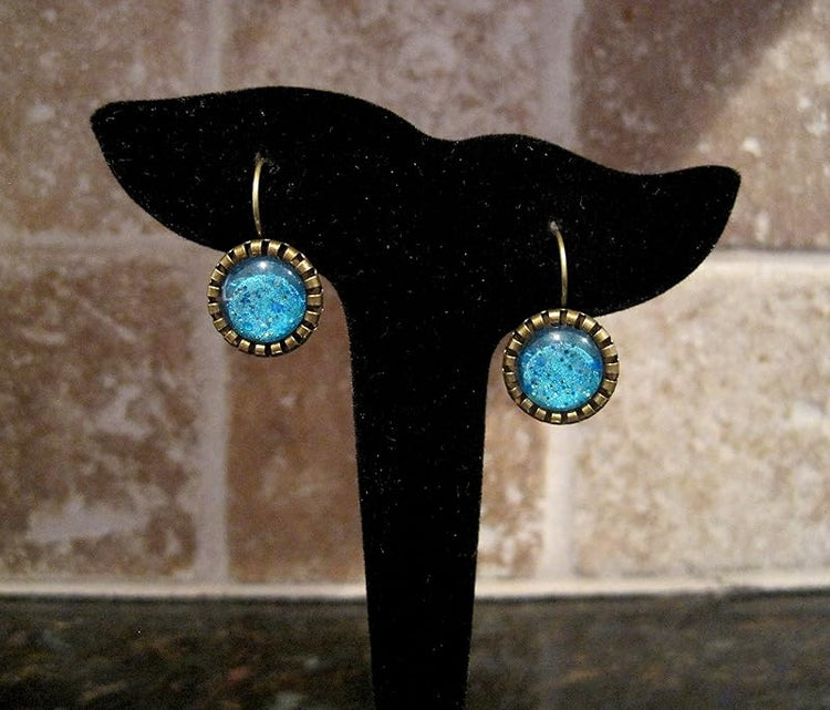 Summerfield Collection Antiqued Gold-tone Seafoam Green and Blue Glitter Glass Drop Earrings Leverback Hand-painted