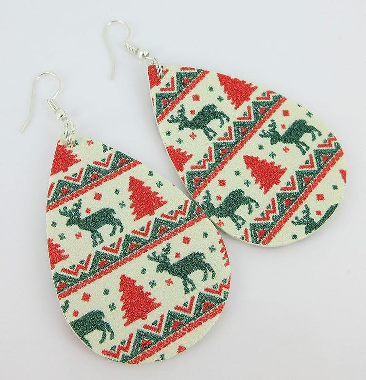 Summerfield Collection White Red Green Christmas Print Faux Leather Large Teardrop Dangle Earrings