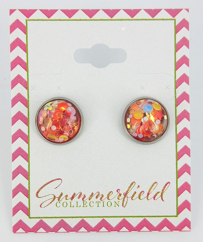 Summerfield Collection Stainless Steel Glitter Resin Globe Stud Earrings 12mm (Sunset)