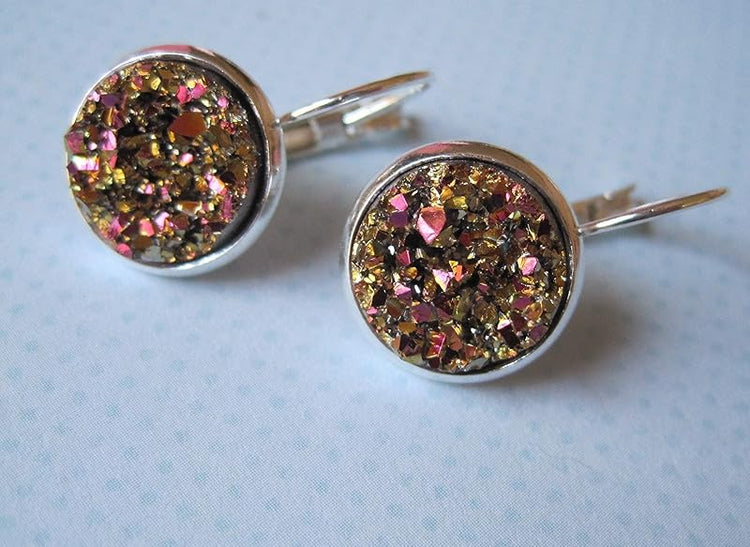 Summerfield Collection Silver-tone Metallic Faux Druzy Stone Lever-back Drop Earrings 12mm (Gold/Pink)