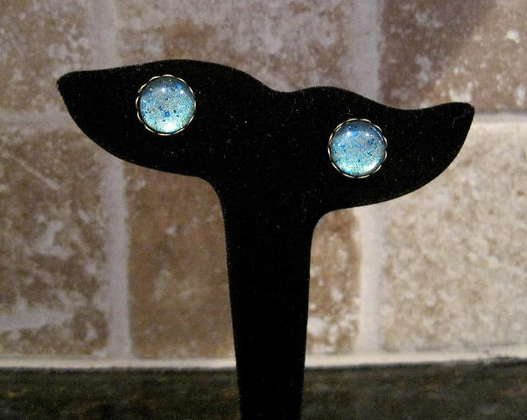 Summerfield Collection Antiqued Gold-tone Seafoam Green and Blue Glitter Glass Stud Earrings Hand-painted 12mm