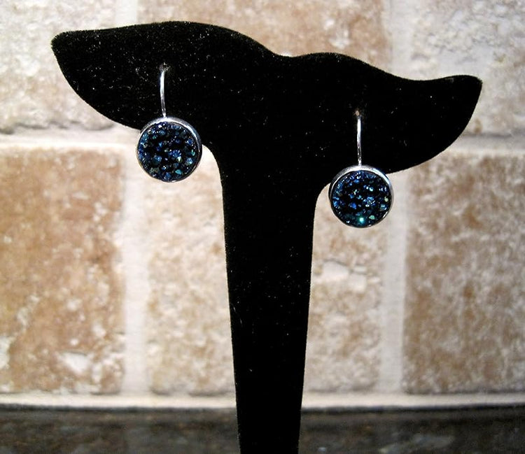 Summerfield Collection Silver-tone Metallic Faux Druzy Stone Lever-back Drop Earrings 12mm (Blue)