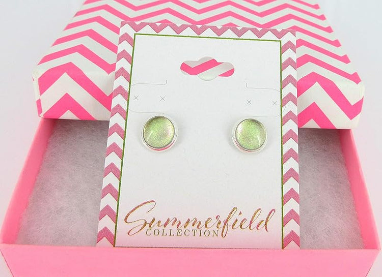 Summerfield Collection Silver-tone Nude Pink Color Shift Glitter Glass Stud Earrings Hand-painted 8mm
