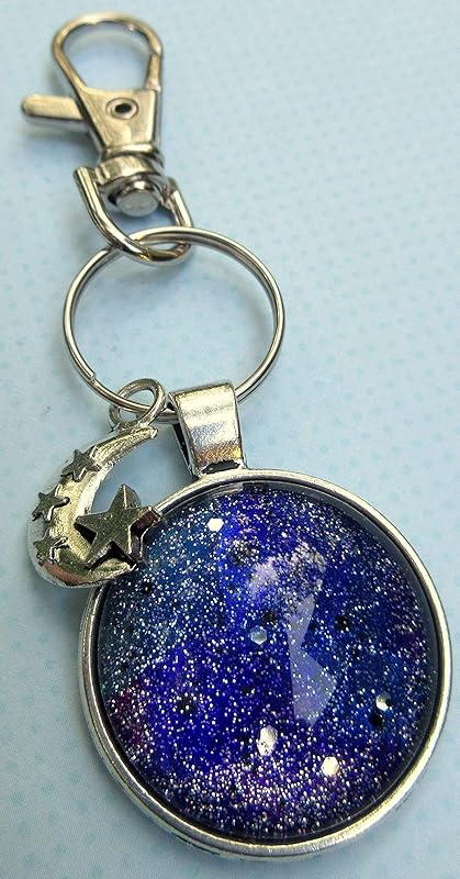 Summerfield Collection Antiqued Silver-tone Glitter Glass Galaxy Keychain Moon and Star Charm Hand-painted