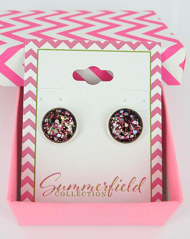 Summerfield Collection Silver-tone Preppy Mix Glitter Glass Stud Earrings Hand-painted 12mm