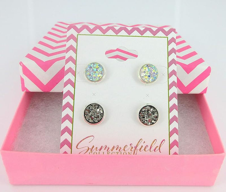 Summerfield Collection Duo Silver-tone Faux Druzy Stone Stud Earrings 8mm Set (Clear AB/Gunmetal)