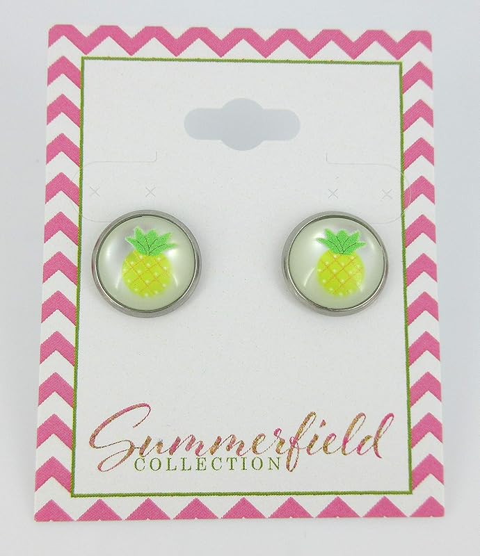 Summerfield Collection Stainless Steel Fruit Print Frosted Resin Stud Earrings 12mm (Pineapple)