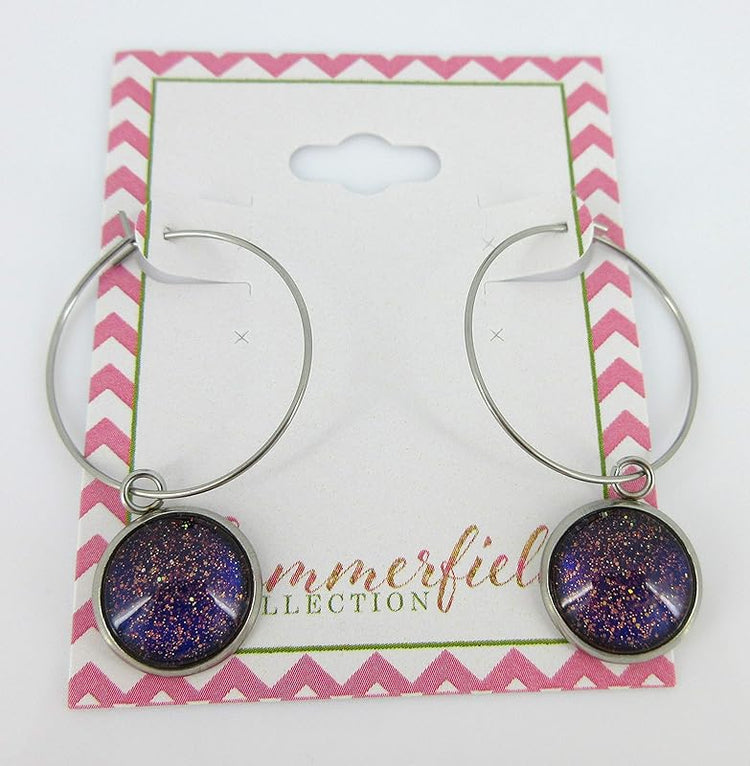 Summerfield Collection Stainless Steel Blue Red Purple and Gold Glitter Glass Charm Hoop Earrings Hand-painted 1"