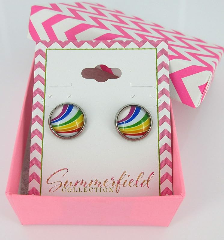 Summerfield Collection Stainless Steel Vintage Rainbow Stripe Print Glass Stud Earrings 12mm