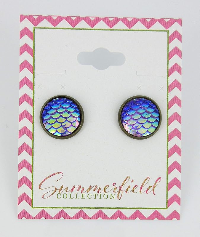 Summerfield Collection Antiqued Gold-tone Metallic Mermaid Scale Stud Earrings 12mm (Purple/Blue AB)