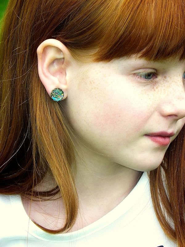 Summerfield Collection Antiqued Gold-tone Aqua Blue and Pink Glitter Glass Stud Earrings Hand-painted 12mm