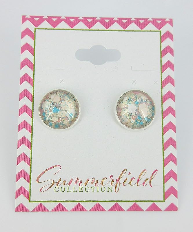 Summerfield Collection Silver-tone Pink Aqua Blue White and Lime Green Glitter Glass Stud Earrings Hand-painted 12mm
